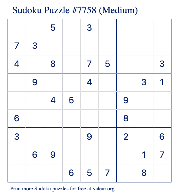 Free Printable Medium Sudoku Puzzle number 7758