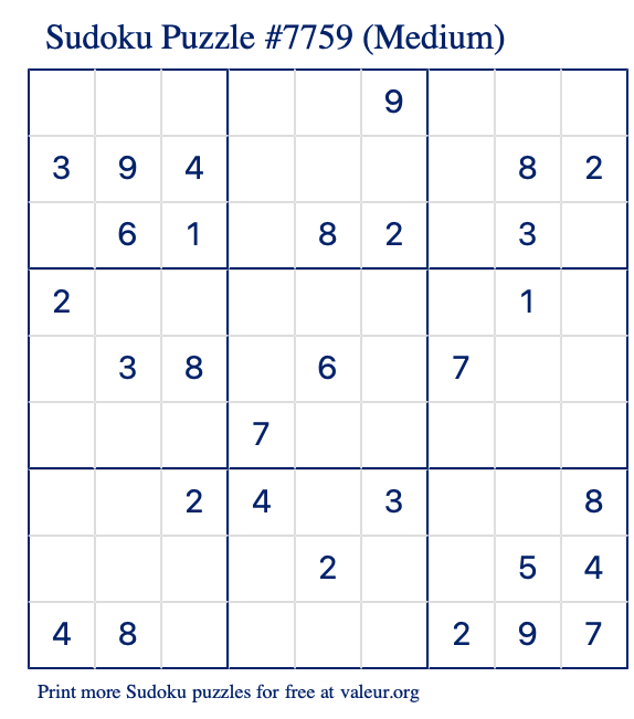 Free Printable Medium Sudoku Puzzle number 7759