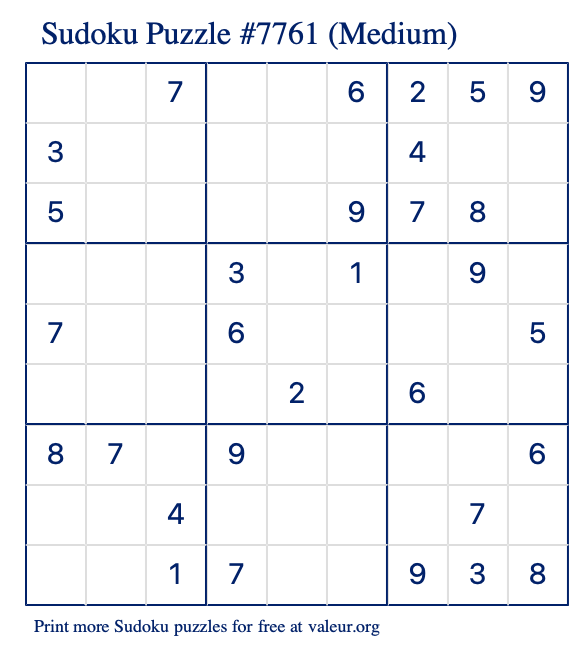 Free Printable Medium Sudoku Puzzle number 7761
