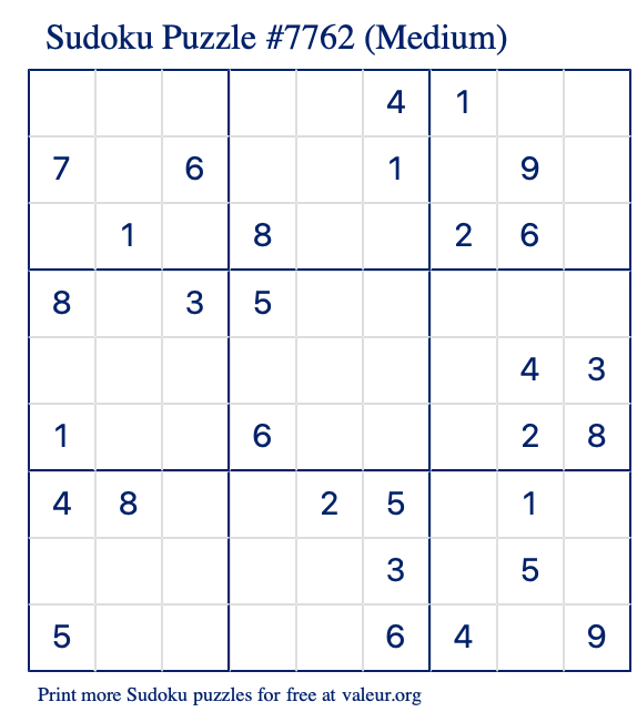 Free Printable Medium Sudoku Puzzle number 7762