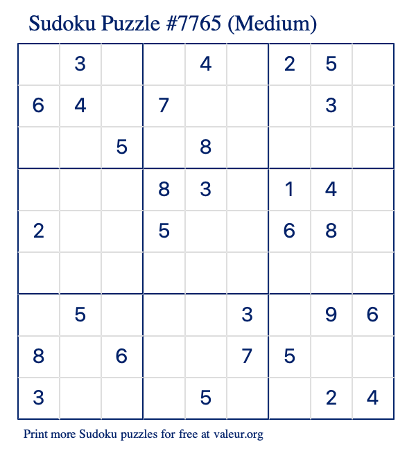 Free Printable Medium Sudoku Puzzle number 7765
