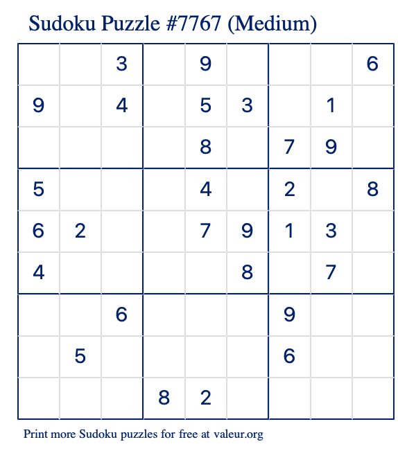 Free Printable Medium Sudoku Puzzle number 7767