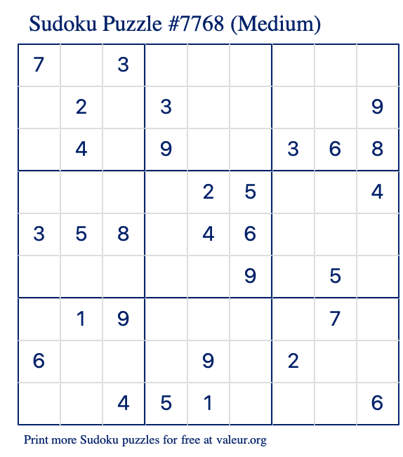 Free Printable Medium Sudoku Puzzle number 7768