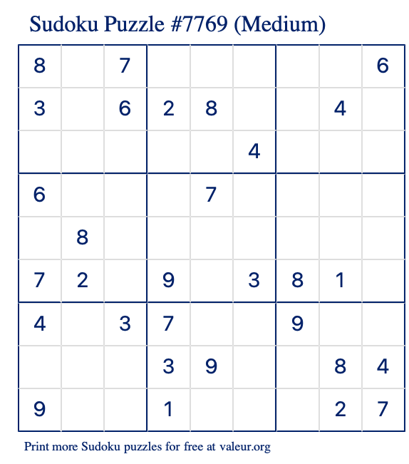 Free Printable Medium Sudoku Puzzle number 7769