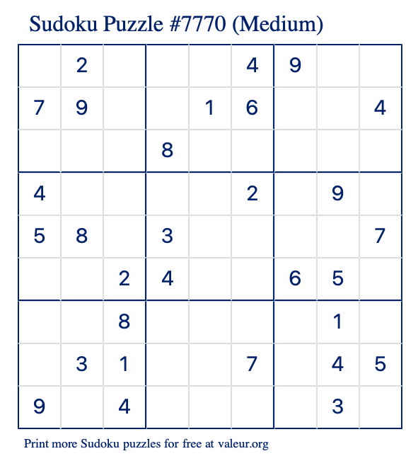 Free Printable Medium Sudoku Puzzle number 7770