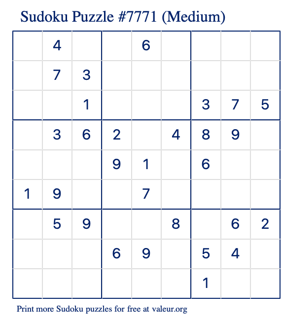 Free Printable Medium Sudoku Puzzle number 7771