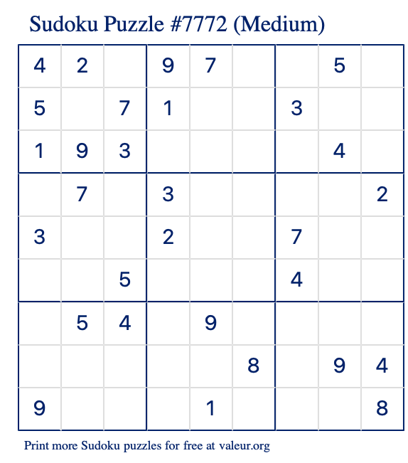 Free Printable Medium Sudoku Puzzle number 7772