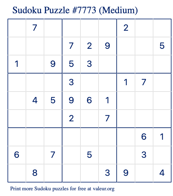 Free Printable Medium Sudoku Puzzle number 7773