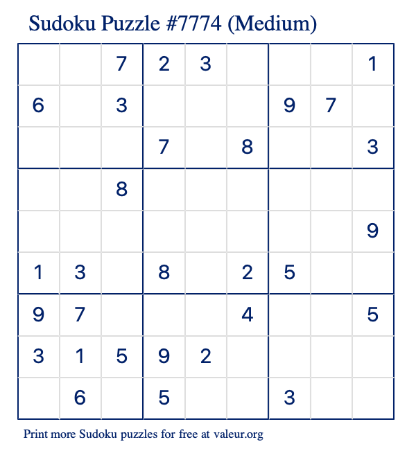 Free Printable Medium Sudoku Puzzle number 7774