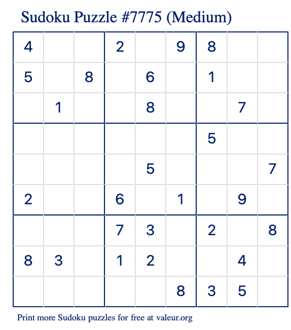 Free Printable Medium Sudoku Puzzle number 7775