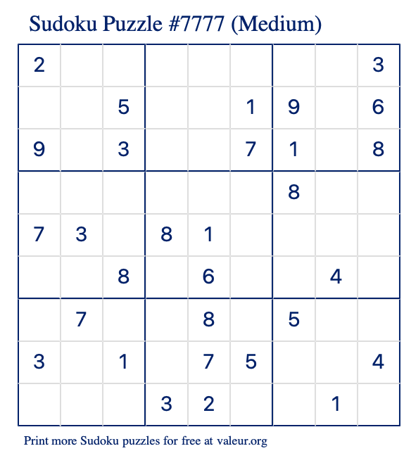 Free Printable Medium Sudoku Puzzle number 7777