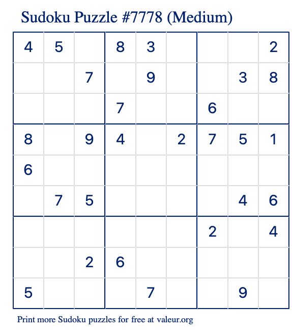 Free Printable Medium Sudoku Puzzle number 7778