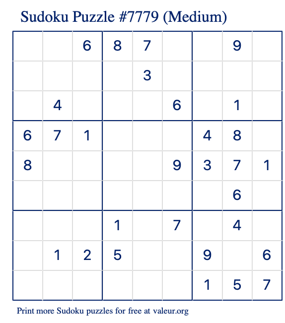 Free Printable Medium Sudoku Puzzle number 7779