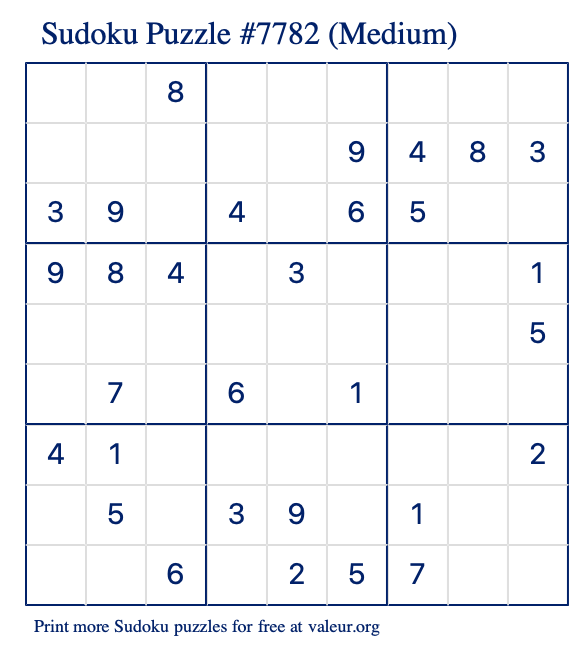 Free Printable Medium Sudoku Puzzle number 7782