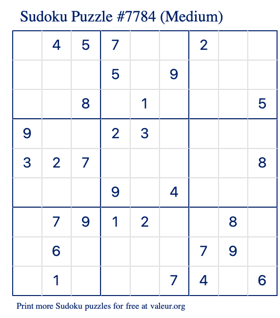 Free Printable Medium Sudoku Puzzle number 7784