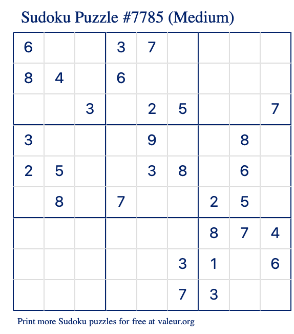 Free Printable Medium Sudoku Puzzle number 7785