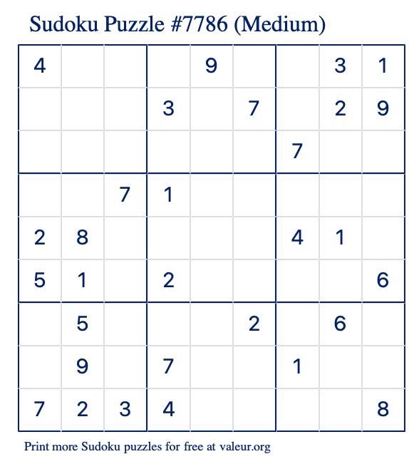 Free Printable Medium Sudoku Puzzle number 7786