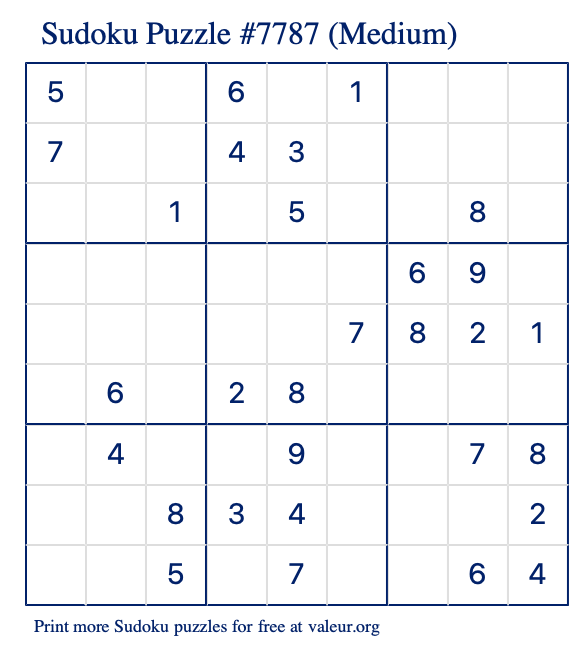 Free Printable Medium Sudoku Puzzle number 7787