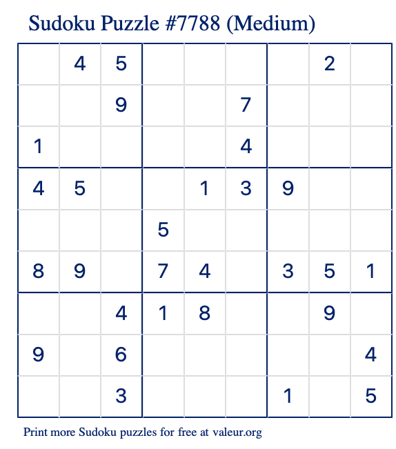 Free Printable Medium Sudoku Puzzle number 7788