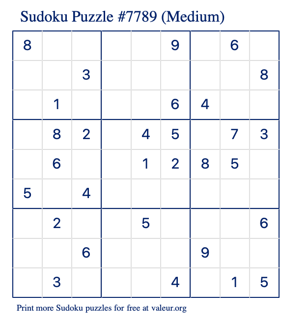 Free Printable Medium Sudoku Puzzle number 7789