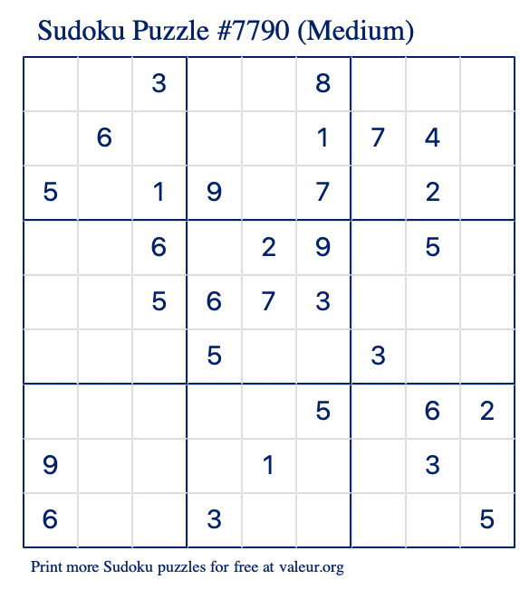 Free Printable Medium Sudoku Puzzle number 7790