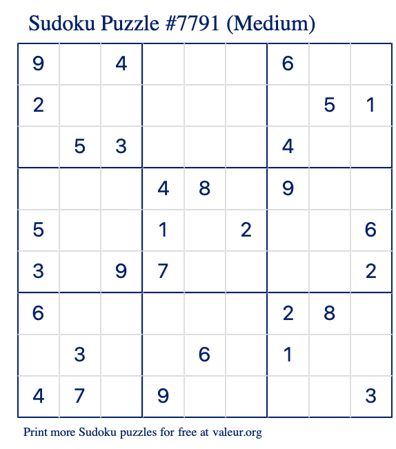 Free Printable Medium Sudoku Puzzle number 7791