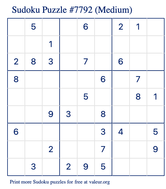 Free Printable Medium Sudoku Puzzle number 7792