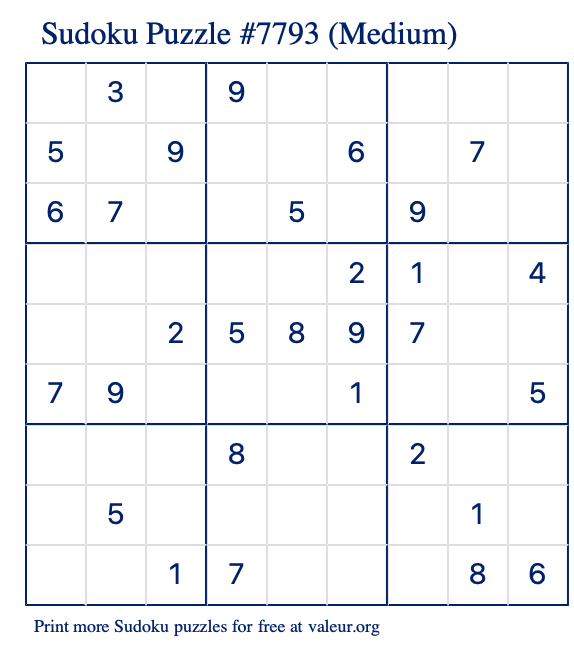 Free Printable Medium Sudoku Puzzle number 7793