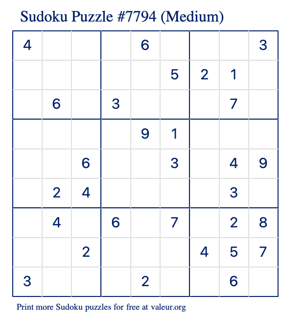 Free Printable Medium Sudoku Puzzle number 7794