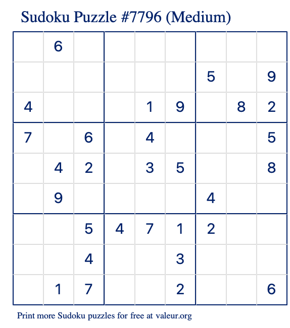 Free Printable Medium Sudoku Puzzle number 7796