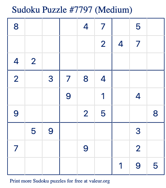 Free Printable Medium Sudoku Puzzle number 7797