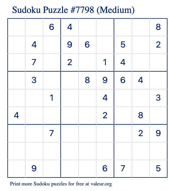 Free Printable Medium Sudoku Puzzle number 7798