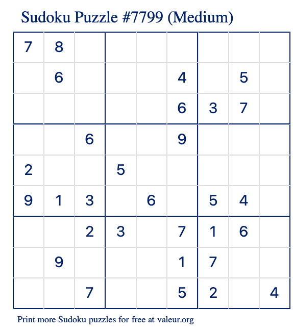 Free Printable Medium Sudoku Puzzle number 7799