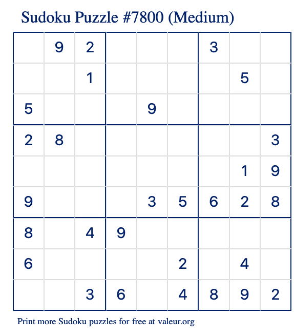 Free Printable Medium Sudoku Puzzle number 7800