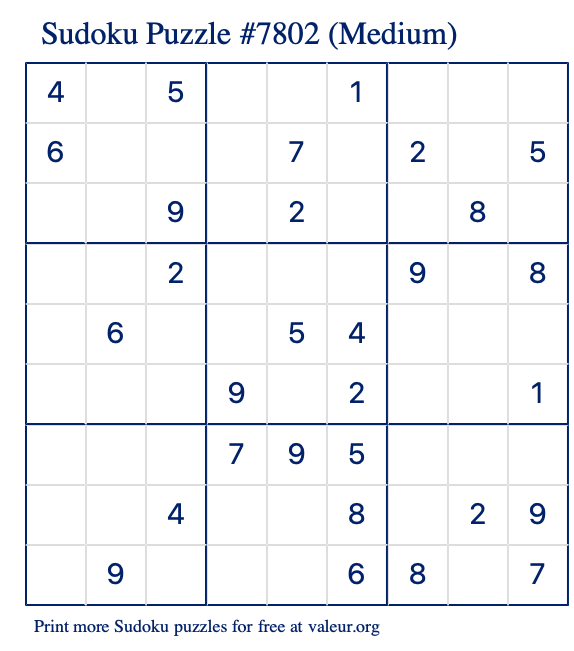 Free Printable Medium Sudoku Puzzle number 7802