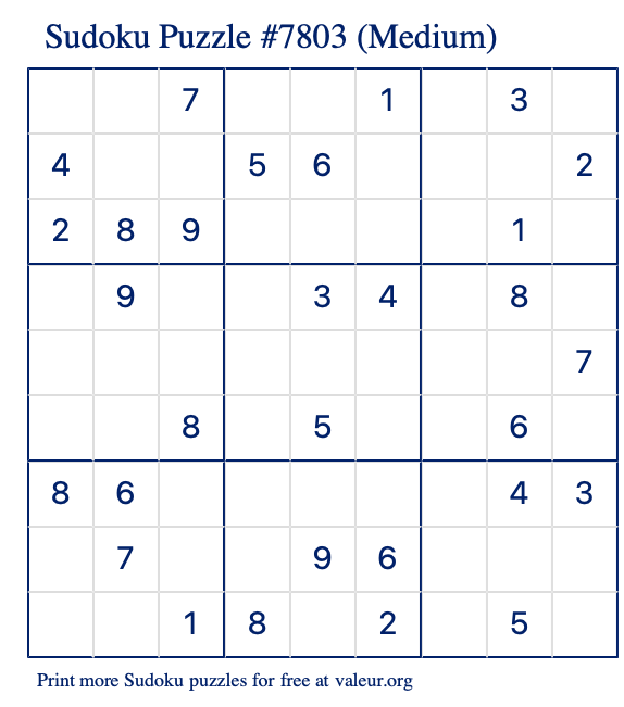 Free Printable Medium Sudoku Puzzle number 7803