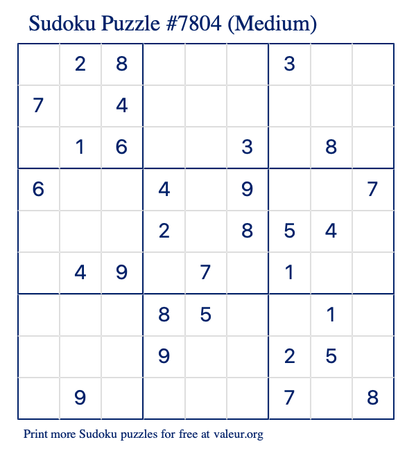 Free Printable Medium Sudoku Puzzle number 7804