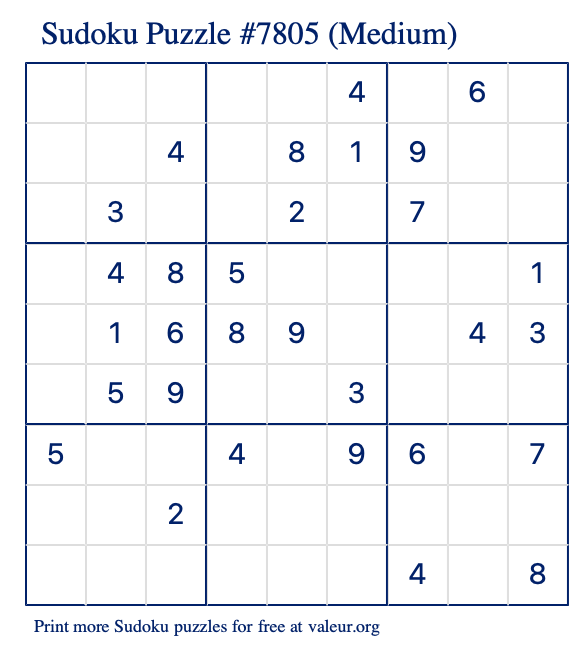 Free Printable Medium Sudoku Puzzle number 7805