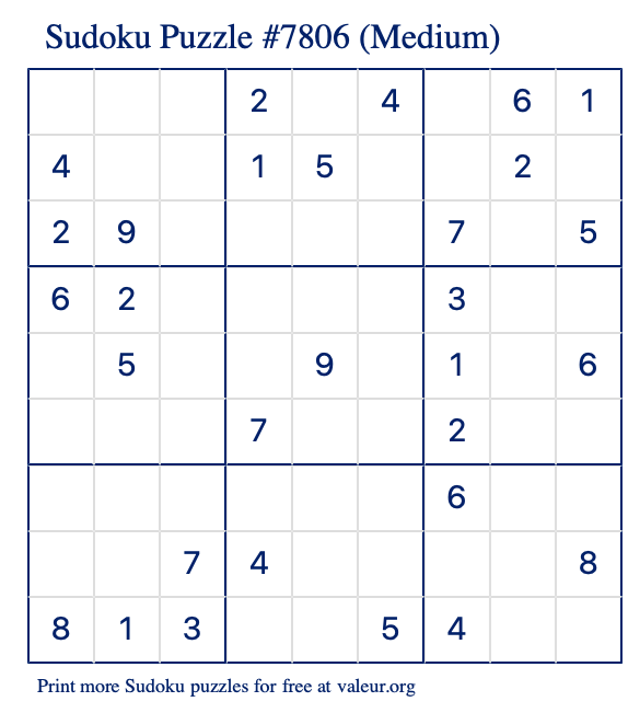 Free Printable Medium Sudoku Puzzle number 7806