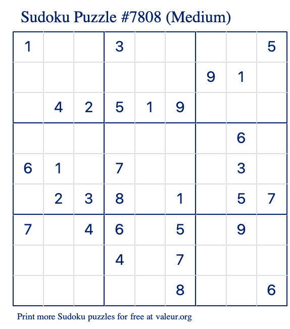 Free Printable Medium Sudoku Puzzle number 7808