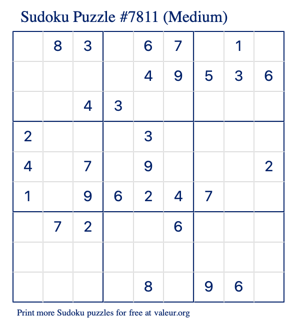 Free Printable Medium Sudoku Puzzle number 7811