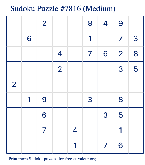 Free Printable Medium Sudoku Puzzle number 7816