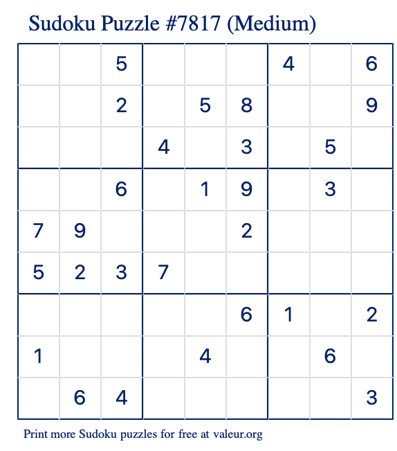 Free Printable Medium Sudoku Puzzle number 7817