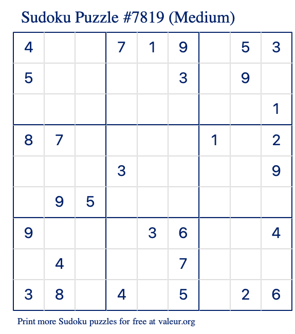Free Printable Medium Sudoku Puzzle number 7819
