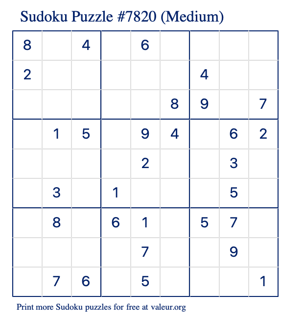Free Printable Medium Sudoku Puzzle number 7820