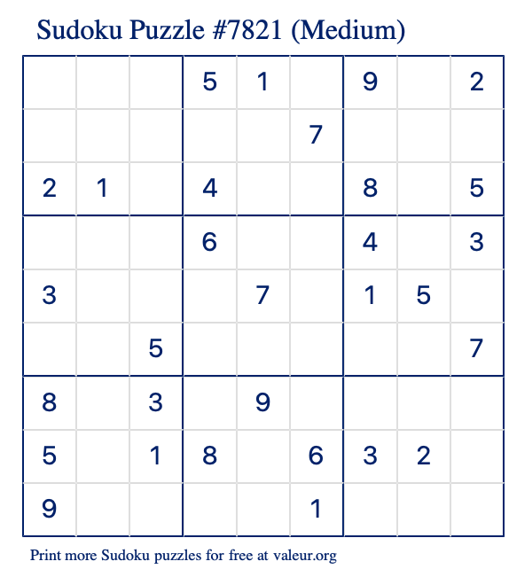 Free Printable Medium Sudoku Puzzle number 7821