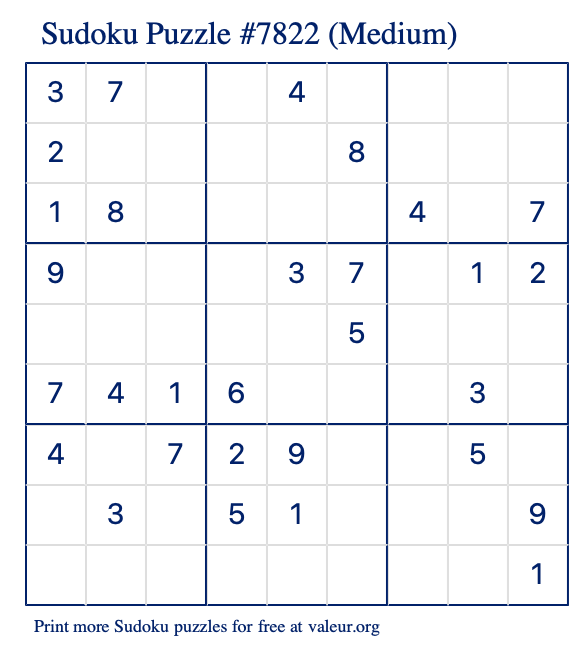 Free Printable Medium Sudoku Puzzle number 7822