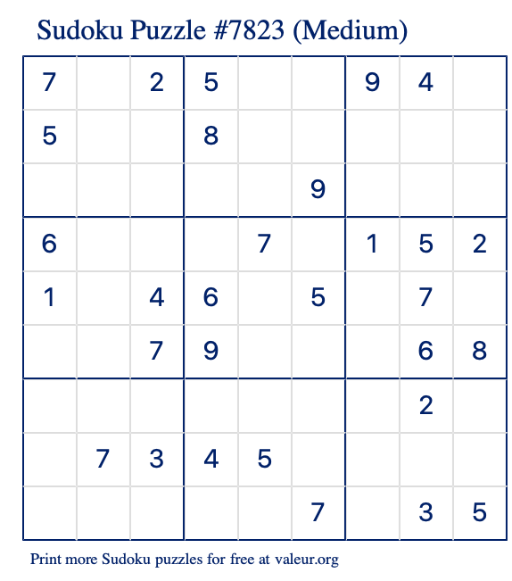 Free Printable Medium Sudoku Puzzle number 7823