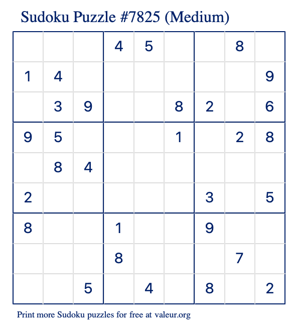 Free Printable Medium Sudoku Puzzle number 7825