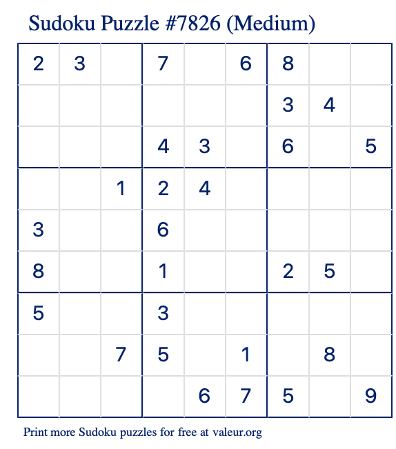 Free Printable Medium Sudoku Puzzle number 7826